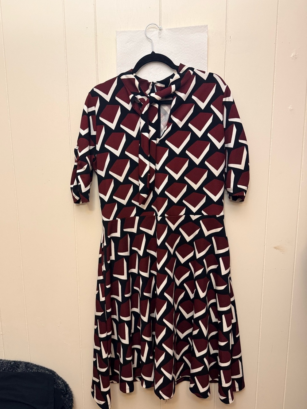 Ashley Stewart Burgundy, Black & Cream Geometric Tie-Neck Midi Dress